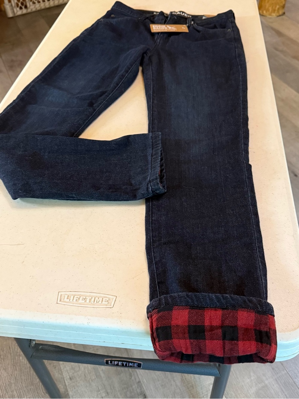 Eddie Bauer jeans NWT boyfriend mid rise slim flannel lined Sz 0 specialty dyed